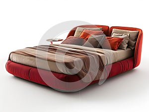 A bed with red and orange pillows and a white background