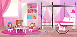 Bed room girl. Child bedroom interior girls apartment toys girly storage decor furniture kid playroom flat cartoon
