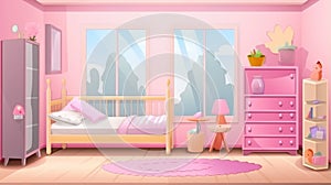 Bed room girl. Child bedroom interior girls apartment toys girly storage furniture. generative ai