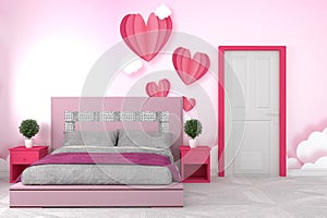 Bed room interior - beautiful room pink style, pink wall graphics design,3d rendering
