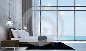 The minimal bed room interior design and concrete wall pattern background and sea view