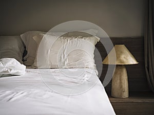 Bed sheet Matress and pillows in bedroom with Lamp Natural style photo