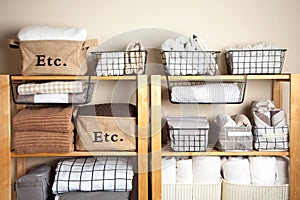 Bed sheets, duvet covers and towels are folded vertically. Metal and fabric black baskets. The concept of housework and storage