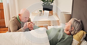 Bed, sick and senior couple for care holding hands for support, bonding and empathy at house together. Retirement home