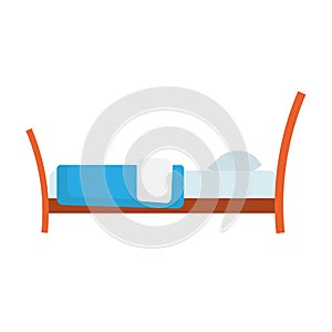 Bed side view vector icon comfortable apartment. Bedding room luxury pictogram mattress interior. Flat wooden furniture