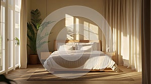 a bed sitting in a bedroom next to a window