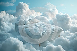 Bed Stand Floats In Fluffy Clouds, Representing Serene And Restful Slumber