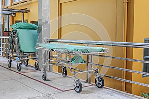 Bed stretcher or patient bed in the hospital corridor