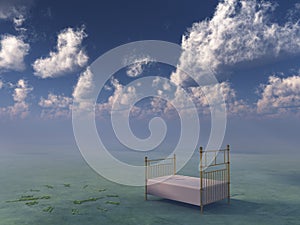 Bed in surreal peaceful landscape