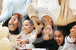 Bed, top view and grandmother, mom and children smile for bonding, quality time and love in bedroom. Big family, happy