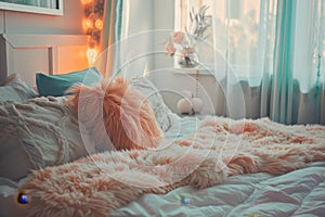 A bed topped with a soft, fluffy blanket in a cozy pastel-colored bedroom, A cozy bedroom decorated with pastel colors and fluffy