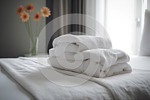 bed towel comfortable spa flower window welcome bath modern bedchamber. Generative AI.