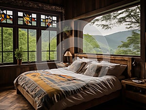 A bed with a view of mountains. Mountain guesthouse in the Romanian countryside. Authentic interior of a wooden house