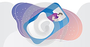 Bed wetting disorder concept, nocturnal enuresis urine control problem, modern vector illustration with person sleeping in bed.