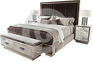 A bed with a white comforter and pillows, and a grey and brown headboard