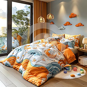 A bed with a white comforter and a red pillow.