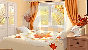 A bed with a white pillow and a white blanket with a leaf pattern