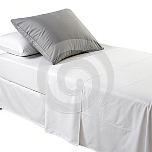 Bed with white sheet and gray pillow