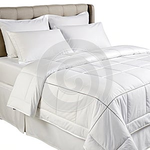 Bed with white sheets and comforter isolated on white background