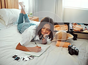 Bed, woman and book for writing before travel, vacation and adventure, diary and memories in her home. bedroom, journal