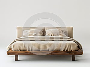 A bed with a wooden frame and beige linens photo