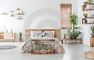 Bed with wooden headboard in white spacious bedroom interior with cupboard and plants. Real photo