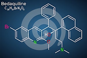 Bedaquiline antituberculosis drug molecule. It is diarylquinoline antimycobacterial medication. Dark blue background