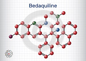 Bedaquiline antituberculosis drug molecule. It is diarylquinoline antimycobacterial medication. Molecule model. Sheet of paper in