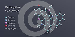 bedaquiline molecule 3d rendering, flat molecular structure with chemical formula and atoms color coding