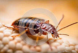 Bedbug Close up of Cimex hemipterus - bed bug on bed background , High quality photo photo