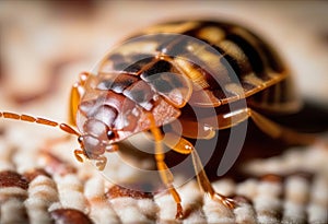Bedbug Close up of Cimex hemipterus - bed bug on bed background , High quality photo