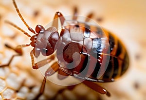 Bedbug Close up of Cimex hemipterus - bed bug on bed background , High quality photo photo