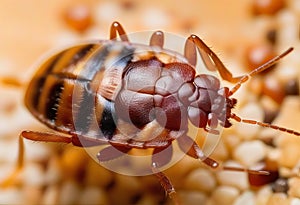 Bedbug Close up of Cimex hemipterus - bed bug on bed background , High quality photo photo