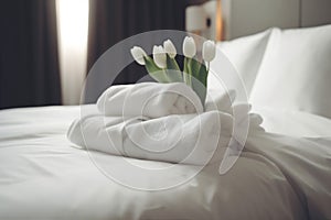 bedchamber bed bath welcome comfortable window spa towel flower modern. Generative AI.