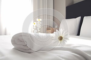 bedchamber bed comfortable welcome bath window flower spa modern towel. Generative AI.