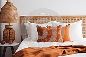 bedchamber interior pillow orange design lamp modern decor bed home fall. Generative AI.