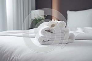 bedchamber welcome modern bath comfortable bed towel spa flower window. Generative AI.