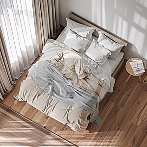 bedded double bed mockup in light room with light wooden floor