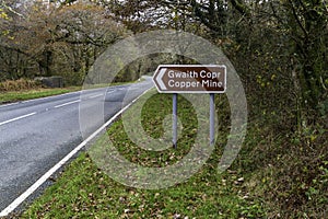 Editorial, Brown Tourism Sign Sygun Copper Mine, a tourist attraction in Eryri or Snowdonia National Park