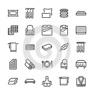 Bedding flat line icons. Orthopedics mattresses, bedroom linen, pillows, sheets set, blanket and duvet illustrations