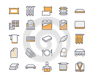 Bedding flat line icons. Orthopedics mattresses, bedroom linen, pillows, sheets set, blanket and duvet illustrations