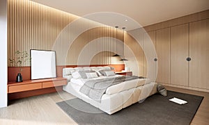 Bedoom interior design and decoration in modern japanese style. 3d rendering top view hotel guest room