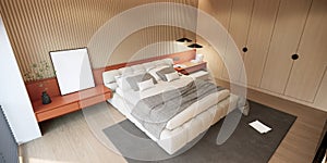 Bedoom interior design and decoration in modern style. 3d rendering top view hotel guest room