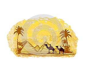 Bedouin camel caravan in wild africa landscape