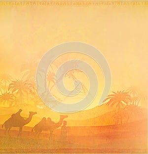 Bedouin camel caravan in wild africa landscape - artistic grunge card