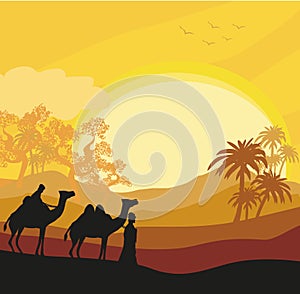 Bedouin camel caravan in wild africa landscape