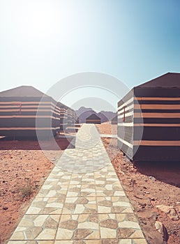 Bedouin camp with traditional tents in Wadi Rum desert, Jordan