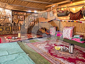 Bedouin desert tent interior view
