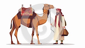 Bedouin Moroccan holding a camel with a saddle and bridle. Arabian nomads in turbans. Flat modern illustration isolated