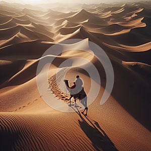 Bedouin riding a camel through the desert. Conceptual high angle image shows the vastness of the desert and the